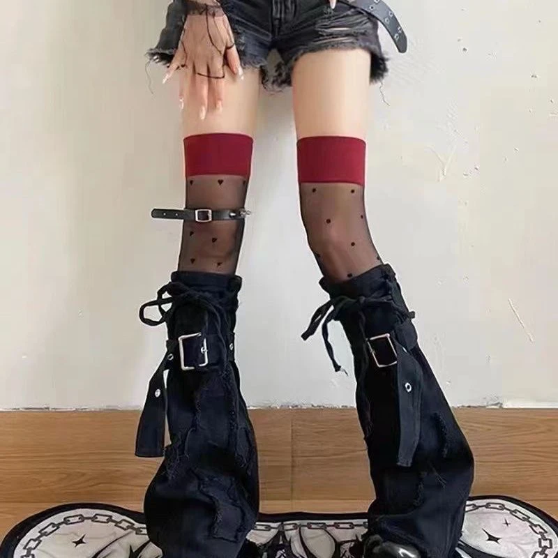Ins Style Girls Black Denim Leg Warmer Female Japanese Cool Popular Design Adjustable Stockings Personalized Stacking Sock Cover