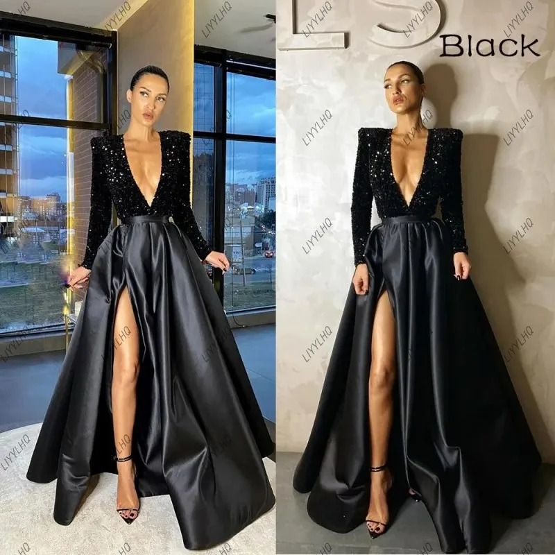 Shinning Sequined Sexy Deep V Neck Split Party Wear Evening Dress Long Sleeve Plus Size Floor Length A-Line Satin Formal Gowns