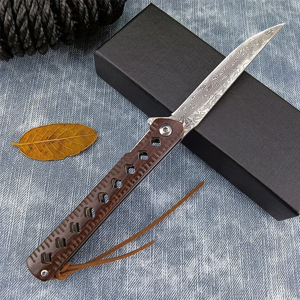 

Damascus Steel Outdoor Folding Knife Household Fruit Cutting Multi-functional Rosewood Handle Sharp Survival Pocket Knife EDC