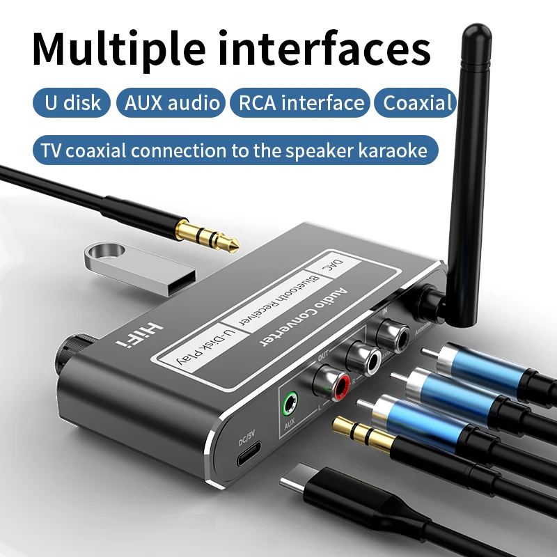 HIFI Bluetooth 5.2 Audio Receiver DAC Coaxial Digital To Analog Converter 3.5mm AUX RCA Mic U-Disk Jack Stereo Wireless Adapter