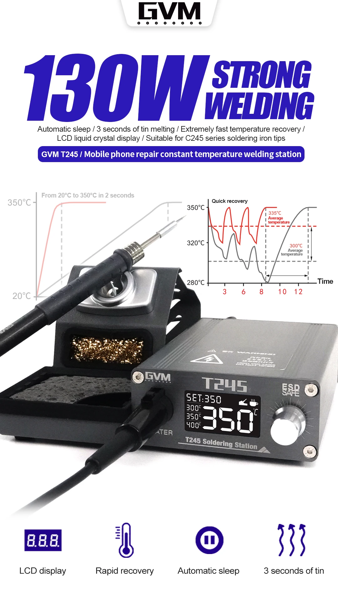 GVM T245 Soldering Station 130W High Power Automatic sleep/3seconds of tin melting/Rapid recovery，Suitable for electronic repair