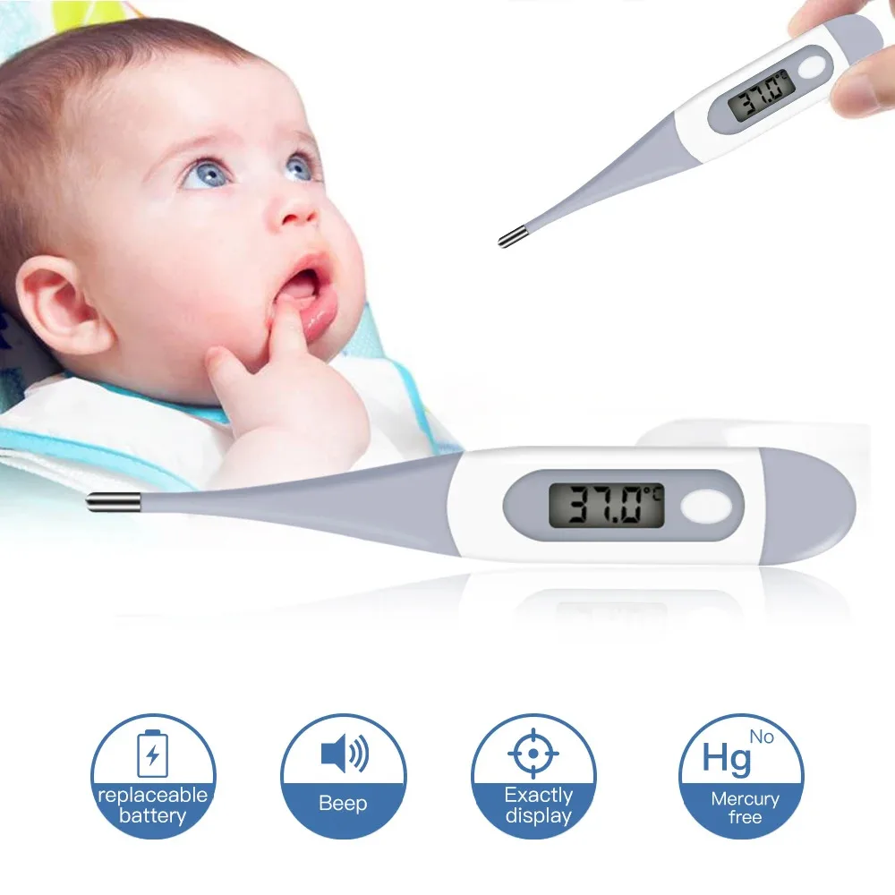 1PC Flexible tip waterproof thermometer soft head baby adults oral armpit rectal fever alarm beeper function last memory reading