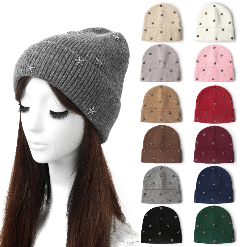 Women Gold Silver Stars Winter Beanies Hats Knitted Unisex Warm Hat Autumn Female and Men Soft Beanie Warmer Bonnet Man Cap