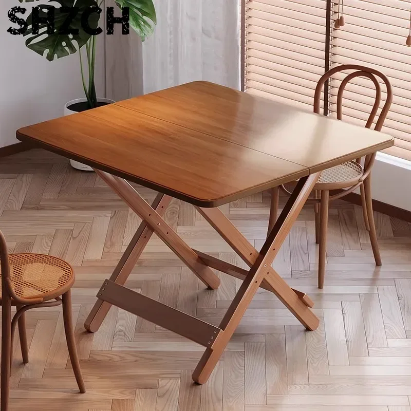 Bamboo Foldable Dining Table X-Frame Stable Eating Countertop Square Portable Space-Saving Desk for Rental Room or Stall