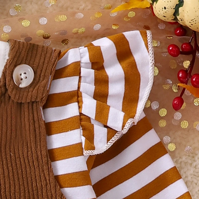 2024-05-18 Lioraitiin Baby Girl Thanksgiving Outfits Stripe Long Sleeve Romper Turkey Embroidery Overalls Dress Headband Set