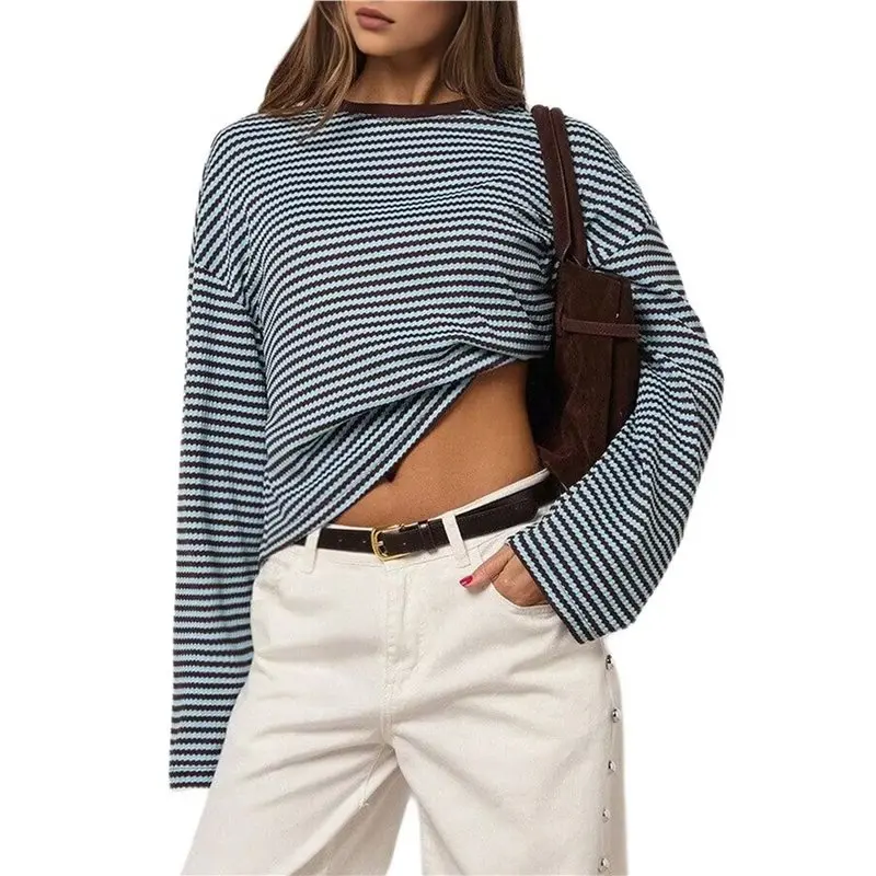 

CYL-Women Y2k Long Sleeve Fairy Grunge Striped Baggy Tees Shirts 2000S Aesthetic Sweater Crop Tops