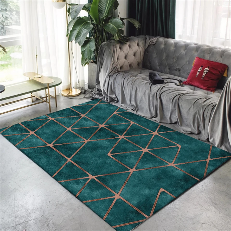 

American Style Green Carpet Large Modern Living Room Rug Luxury Carpet Turquoise Color Golden Geometric Pattern Carpet Rugs