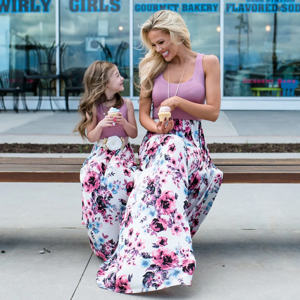 roupas-europa-estados-unidos-pai-filho-cor-combinando-vestido-cor-flor-impressao-extremo-fundo-saia-de-manga-curta-floral