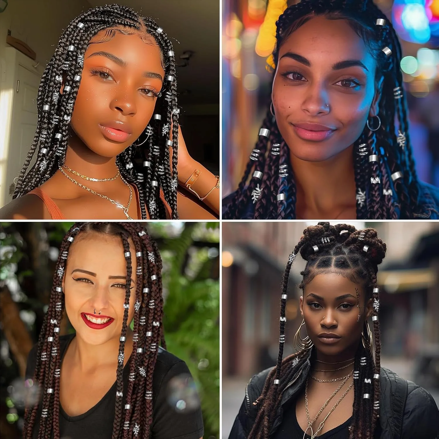 6개입 실버 합금 가발 드레드락 브레이딩 헤어 링 세트 - 여름 힙합 스타일 새로운 헤어 액세서리