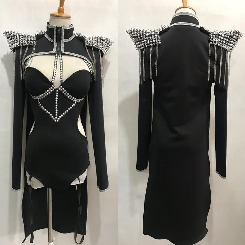 ネイルタッセルショルダーブラックボディスーツマント女性のグループジャズパフォーマンスダンス衣装ポールダンスステージフェスティバル衣装 XS3990