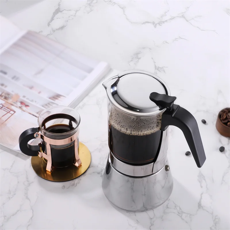 Caffettiera per caffè espresso con piano cottura in vetro borosilicato di vendita caldo Pentola per moka in acciaio inossidabile 304