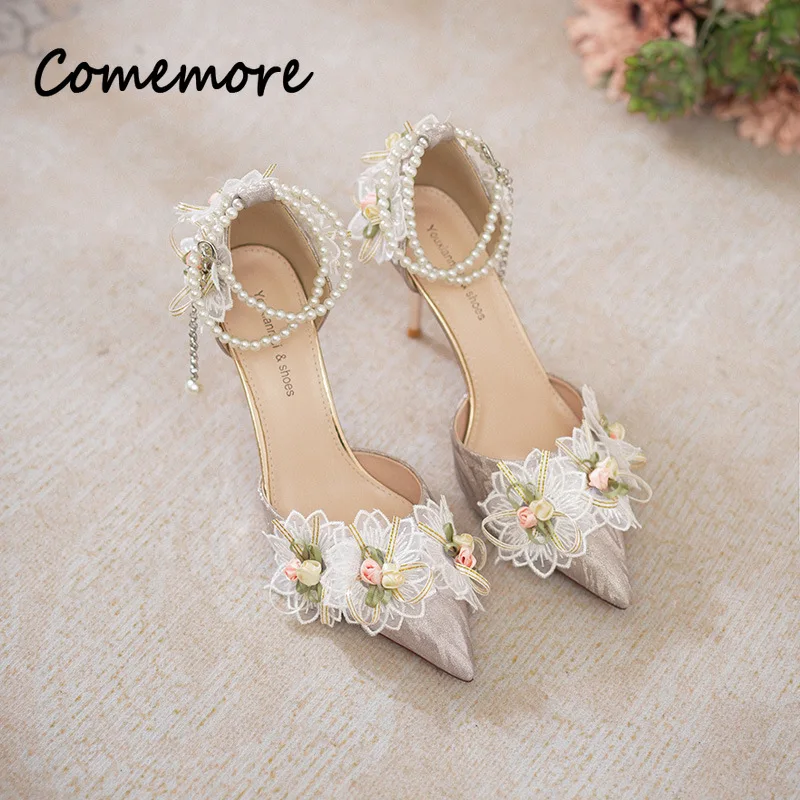 Comemore Lace Appliqué Women Sandals Ladies Party Wedding Footwear Pointed Toe High Heels Pearl Chain Ankle Buckle Elegant Shoes
