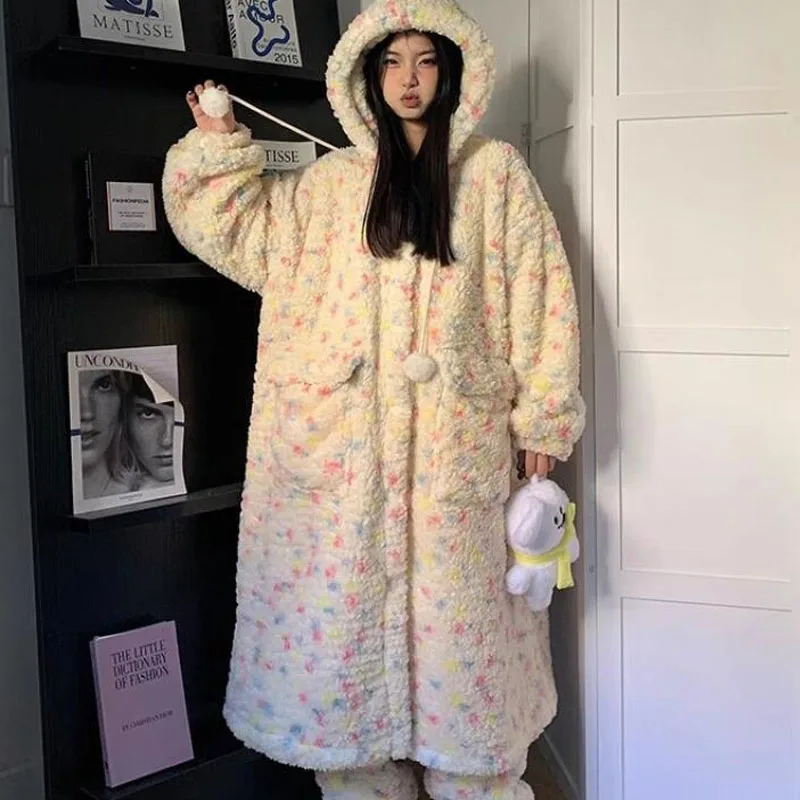 الشتاء رشاقته فتاة بيجامة مجموعة Kawaii مقنعين رداء لطيف الدفء Homewear يمكن ارتداؤها كملابس خارجية المرجان الصوف طالب ملابس خاصة #6