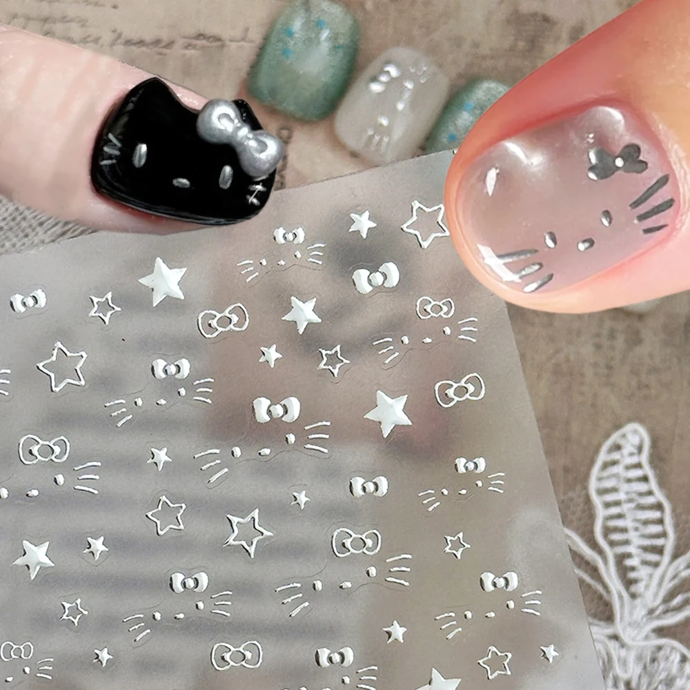 1 قطعة-5D نجمة فضية مرحبا كيتي ملصقات الأظافر y2k مرحبا كيتي القط الوجه الانحناء مسمار الشارات الكتابة على الجدران هريرة Kawaii مانيكير لوازم #4