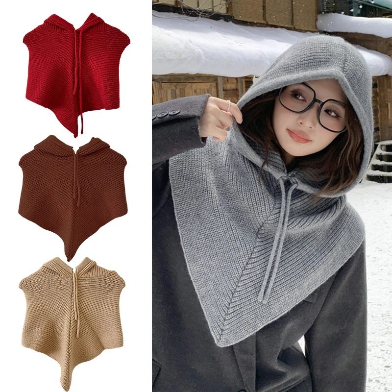 

Winter Thermal Balaclava Hat Scarf Knitted Hooded Caps Scarf for Women Snowboarding Cycling Warm Ear Protectors Hats바라클라