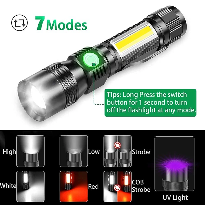 3-in-1 UV Flashlight Black Light Magnetic 7 Modes Rechargeable LED Tactical Waterproof for Camping Emergency Pet Urine Detection