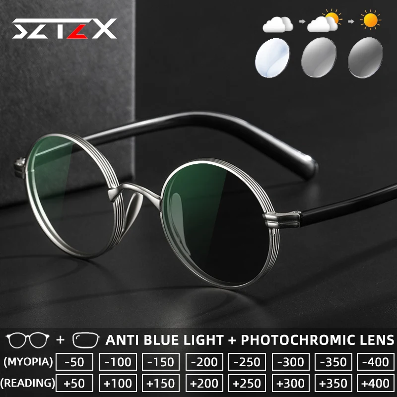 

SZTZX Retro Luxury Photochromic Reading Glasses Blue Light Blocking Alloy Round Myopia Glasses Progressive Prescription Eyewear