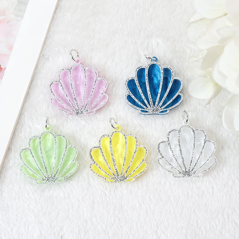 10 Pcs/Lot 35*34 MM Acrylic Glitter Shell Charms Pendant For Earring Keychain Necklace Diy Making