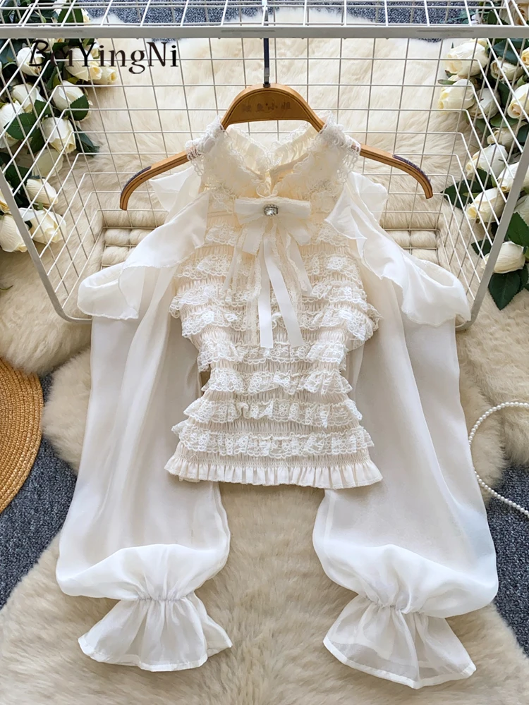 

Beiyingni Mature Halter Off Shoulder Blouses Tops Women French Fall Elegant Lace Tiered Shirt Female Slim Fit Black Chic Blusas