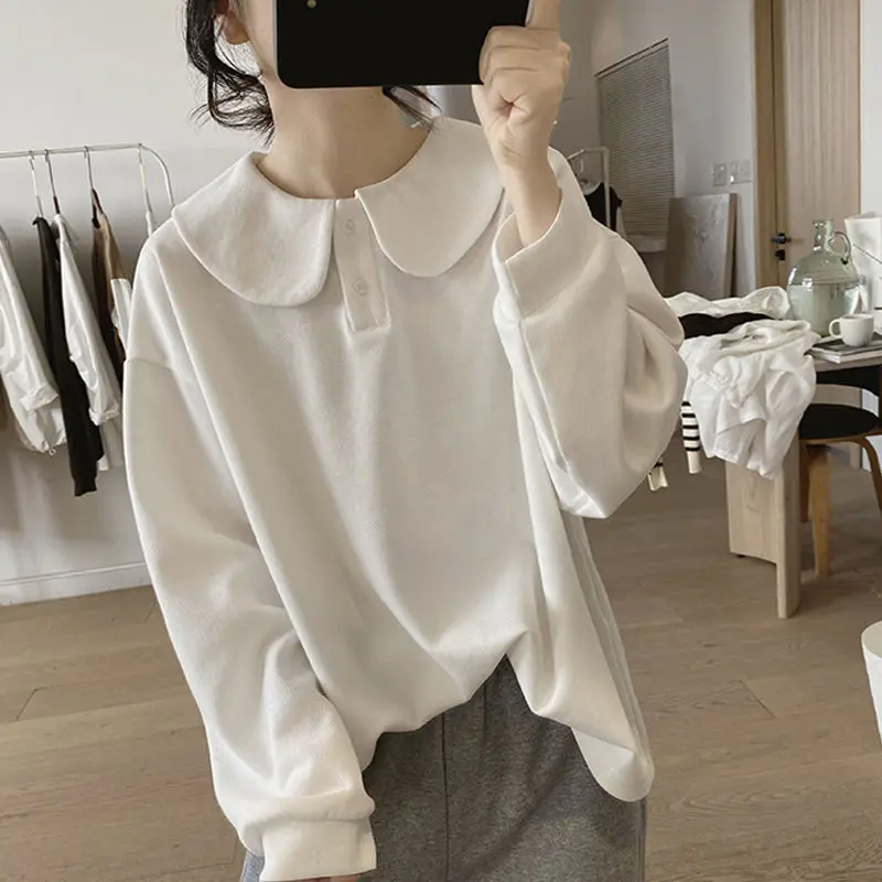 Polo Sweatshirt Women\'s Spring And Autumn 2023 New Loose Korean Design Feel Cotton Pullover Top