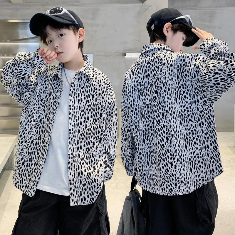 

Korean Style Children Long Sleeve Leopard Print Shirt for Teens Boys High Fashion Autumn Clothing Kids Casual Blouses 5-14 Years