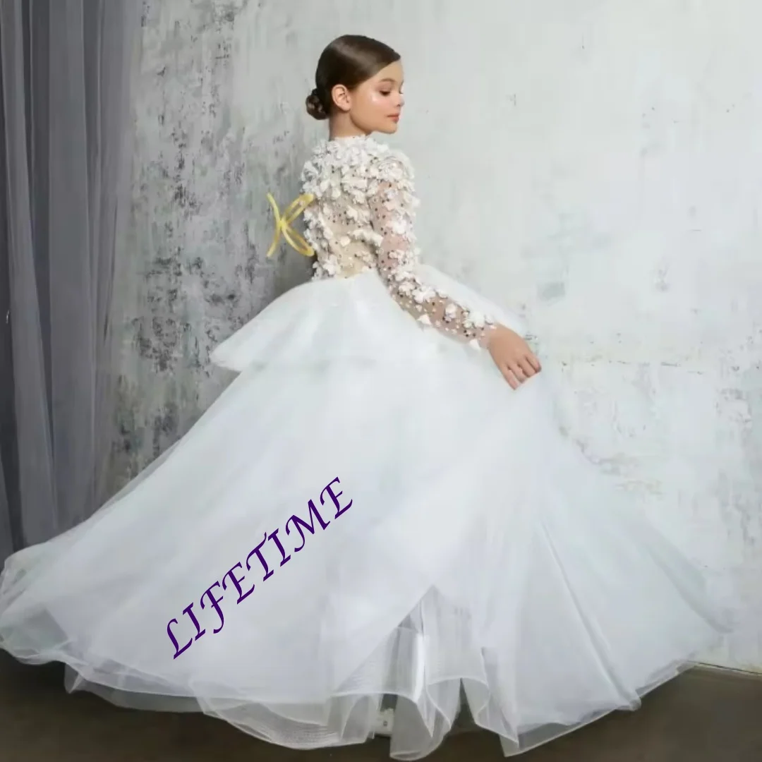 

CustomizedWhite Long Sleeve Flower Girl Dresses For Wedding Customized Appliqued Litter Princess Baby Birthday Gowns First Commu