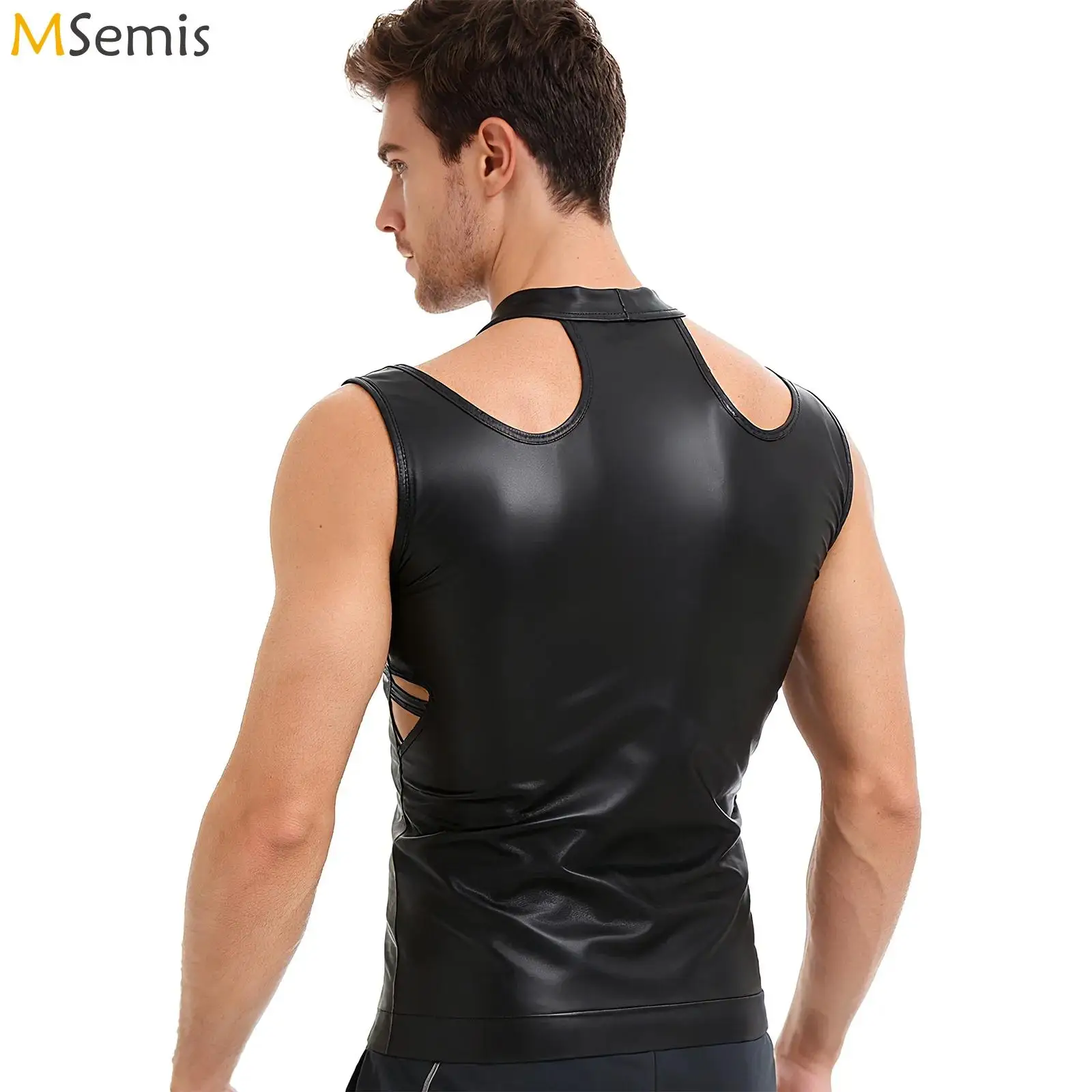 

Mens Matte PU Leather Latex Tank Top for Pole Dancing Shoulder Cut-out Halter Vest Singlets Slim Fit Clubwear Rave Party Costume