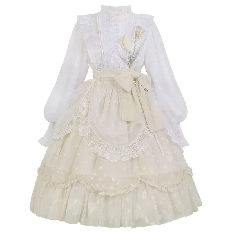 Flouncing Lace Trim Japanese Harajuku Puff Sleeves Daily  Lolita Dress Fairy Style