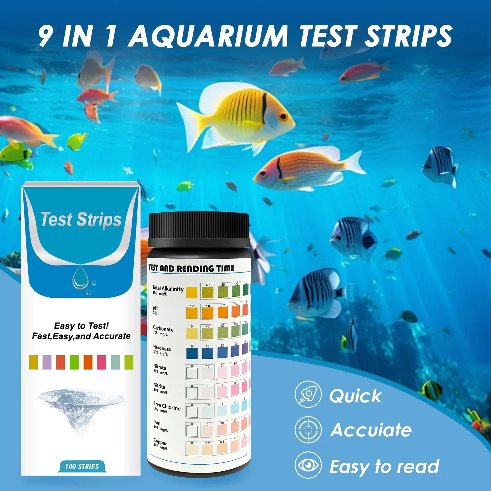 100 Pcs 9-IN-1 Aquarium Test Fish Tank Test Kit with Test Tube Water Quality Monitor pH Test Strips Strips Easy Fast Accurate