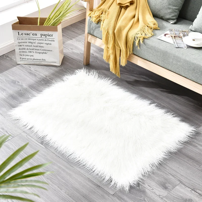 

Long Hair Solid Carpet Living Room Deco Artificial Skin Rectangle Fluffy Mat Pad Anti-Slip Chair Sofa Cover Plain Area Rugs