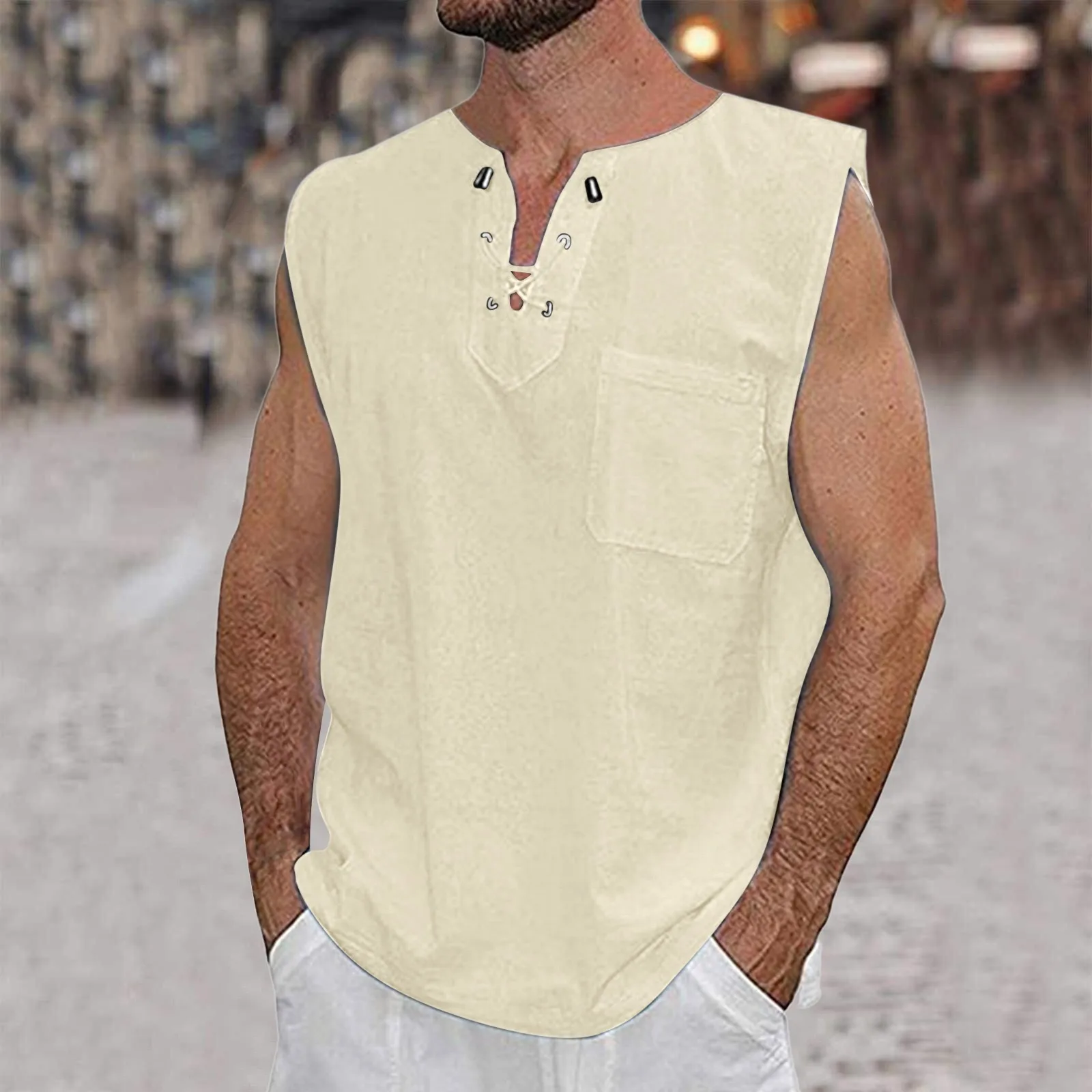 Mens Summe Tank Tops Cotton Linen Casual Sleeveless Shirt Tops Loose Lace Up V-neck Medieval Fashion Tees Shirts Male Streetwear