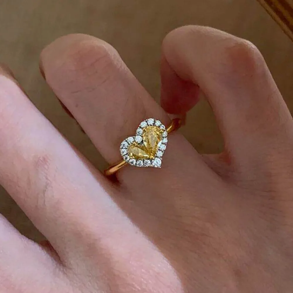 Luxury Shiny Zircon 925 Sterling Silver Heart Shape Yellow Crystal Opening Rings for Women Bride Wedding Jewelry Accessory Gift