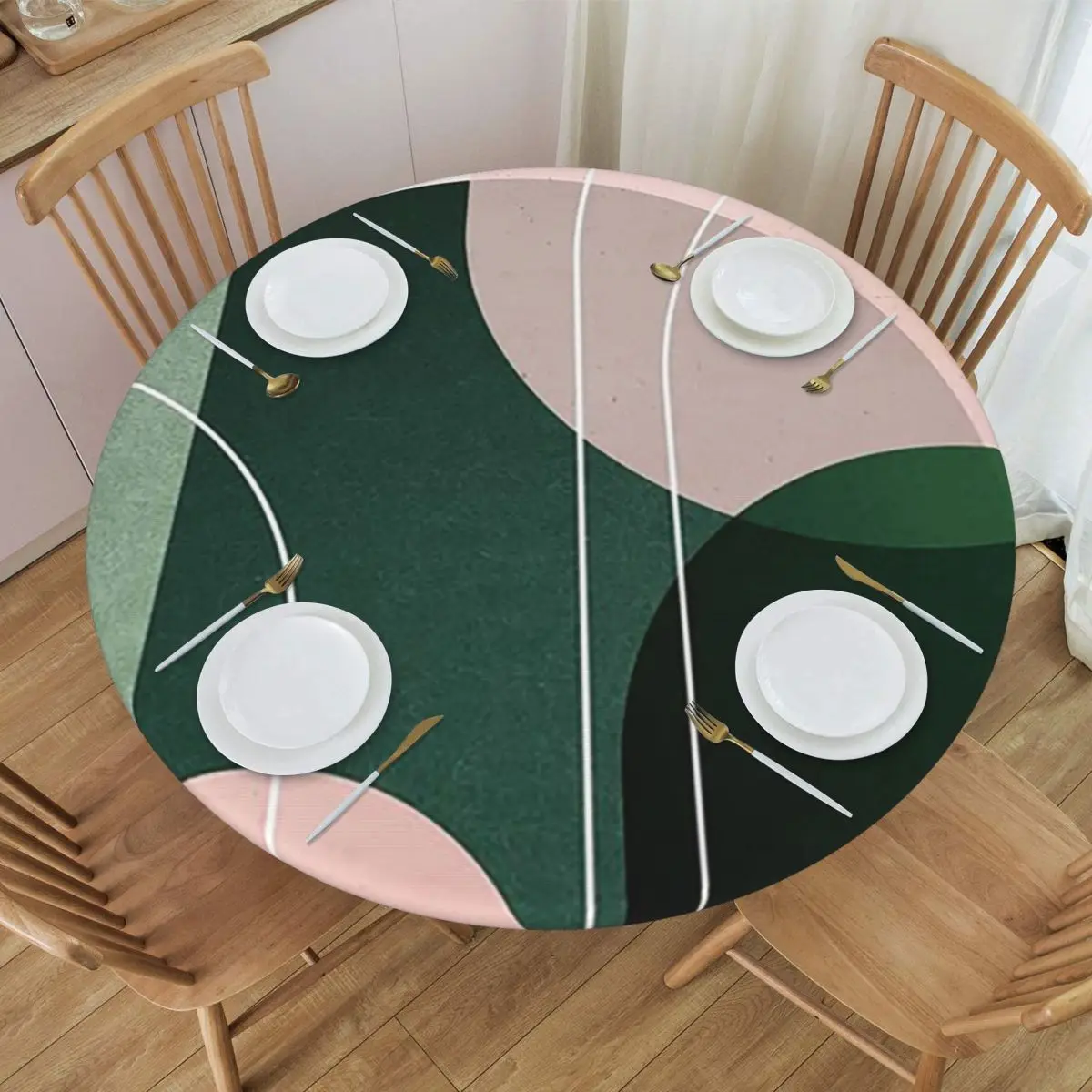 Mid Century Arches In Pink And Green Waterproof Round Tablecloth Oilproof Table Cloth for Kitchen Events Dining Table Cover