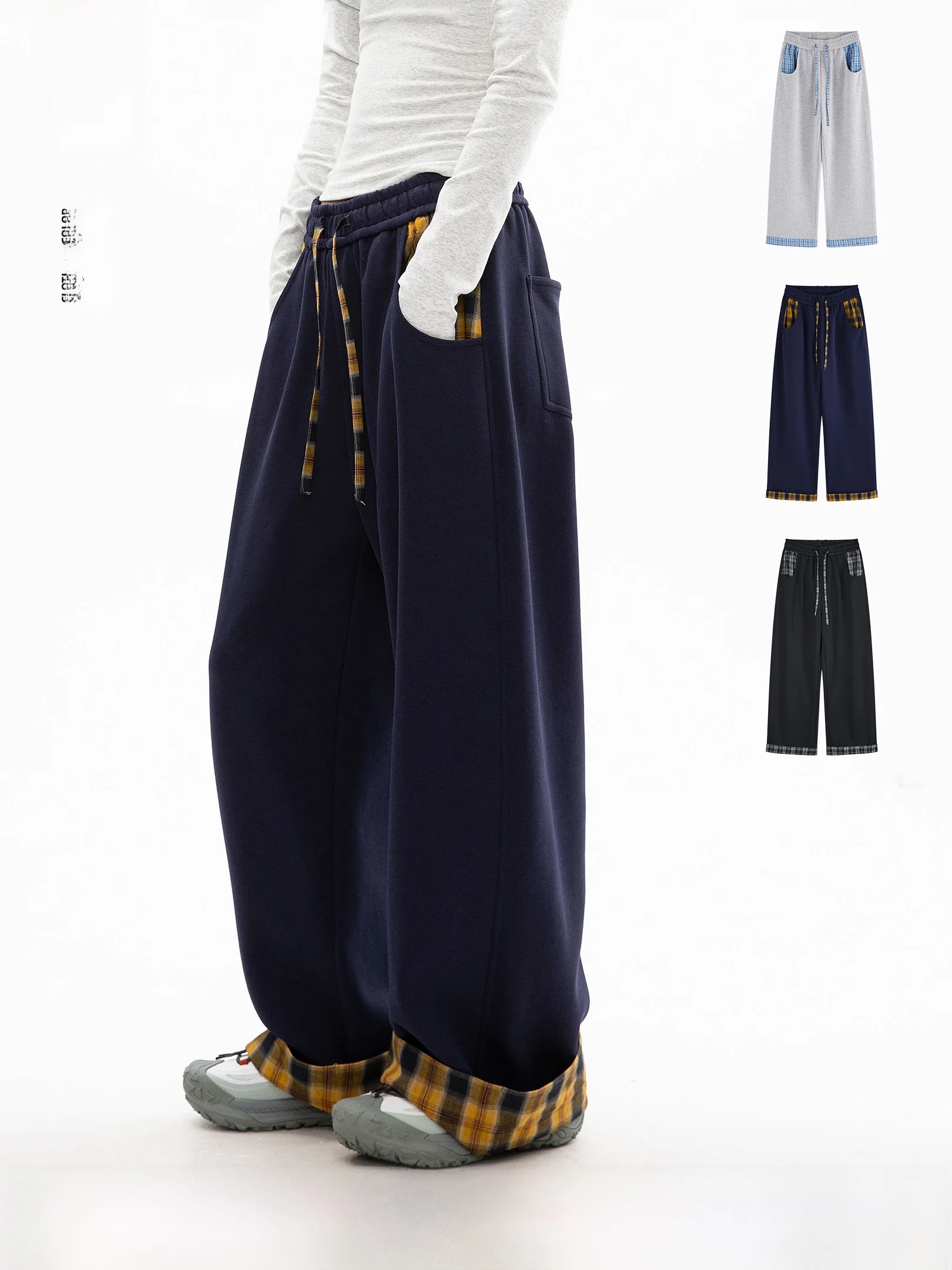 

OWOX Color Blo Plaid Sports Pants Loose Straight Leg Relaxing Feel Cotton Blend Casual Trousers for Women Autumn 2025