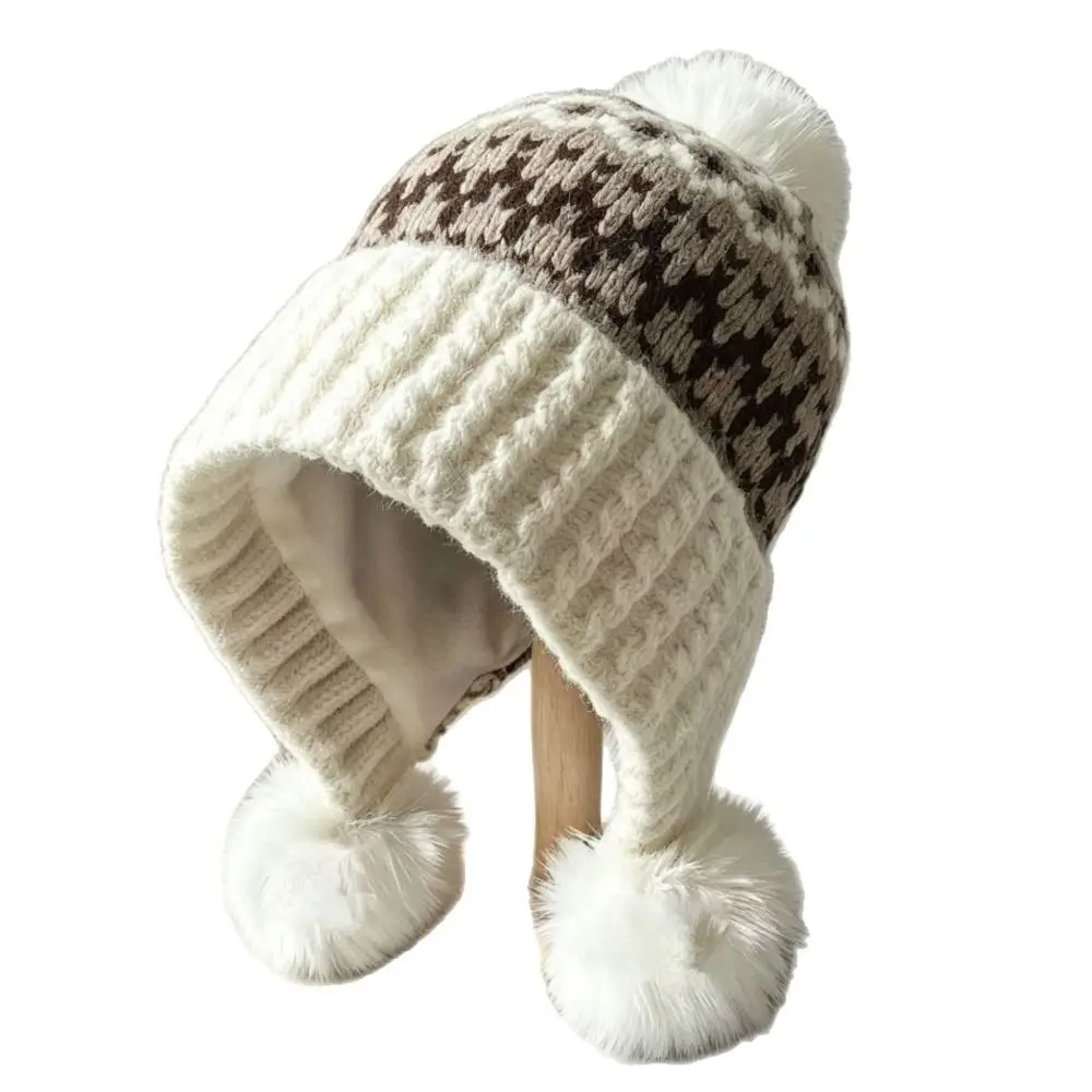 Polyester Material Ear Flap Knitted Hat Ear Protection Face Slimming Design Winter Knit Hat 52-58CM with Pom Poms Cold Proof Hat