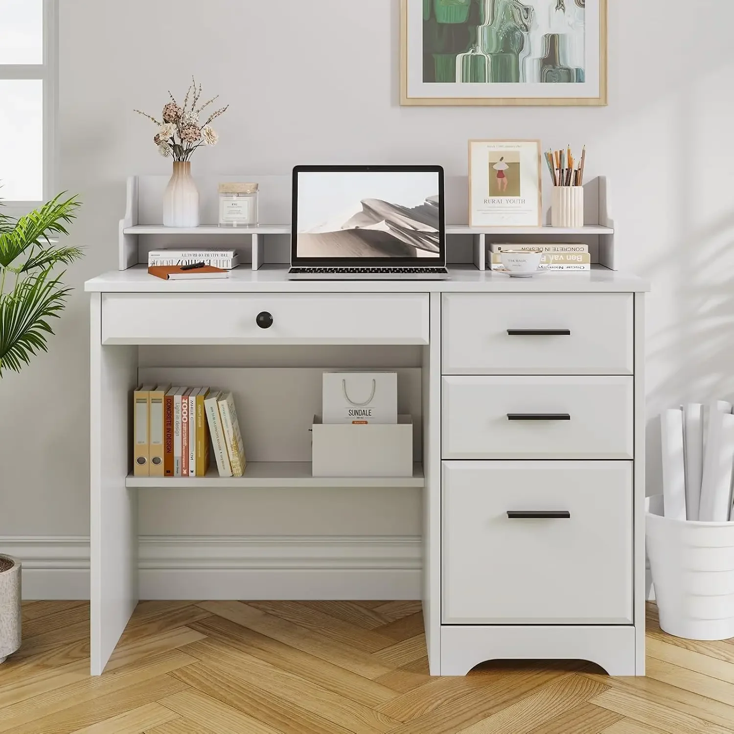 White Desk with Drawers, 44 Inch Small Computer Desk with File Drawer and Monitor Stand, Wood Desk with Storage Shelf for Small