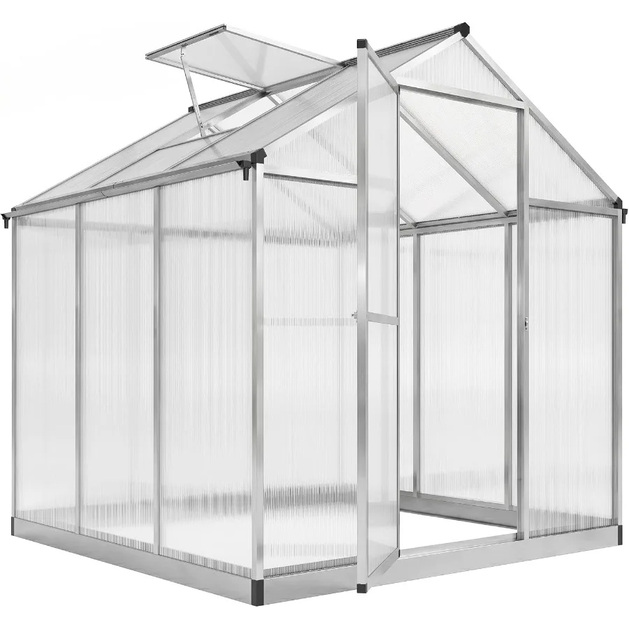 Outdoors greenhouse application, polycarbonate material, silver-gray color, rain gutter and roof vent for ventilation and drain