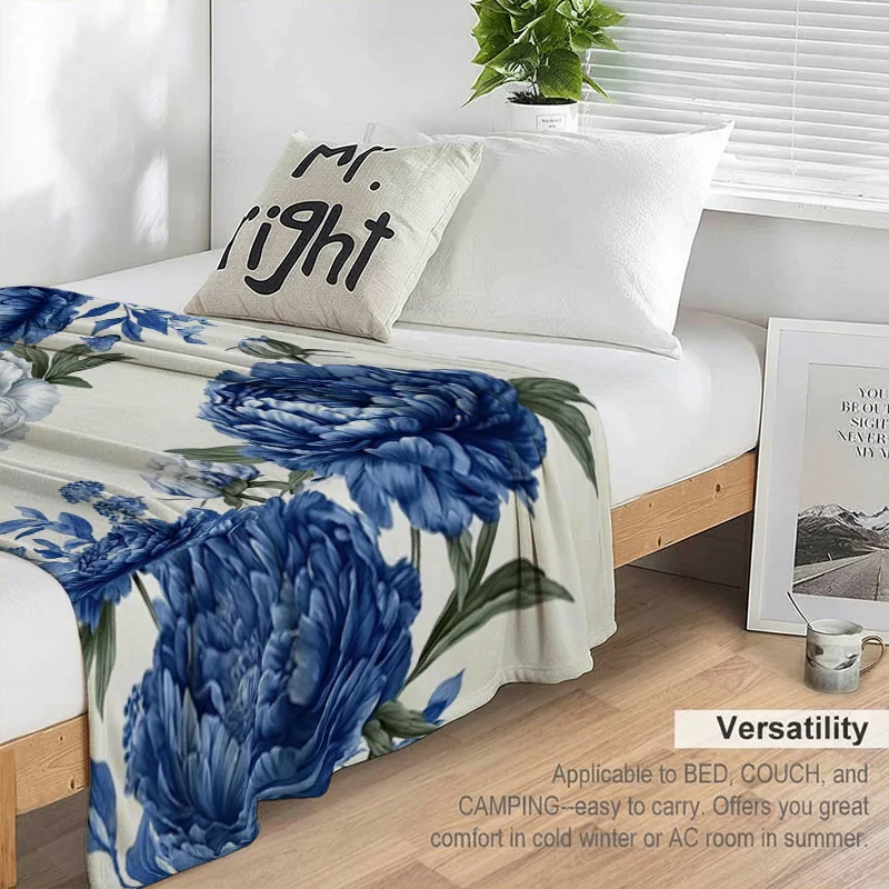 A Stylish And Cute Blanket Featuring Blue And White Porcelain Peonies, Perfect for a Nap, Office Use, Or As a Car Blanket. Ideal