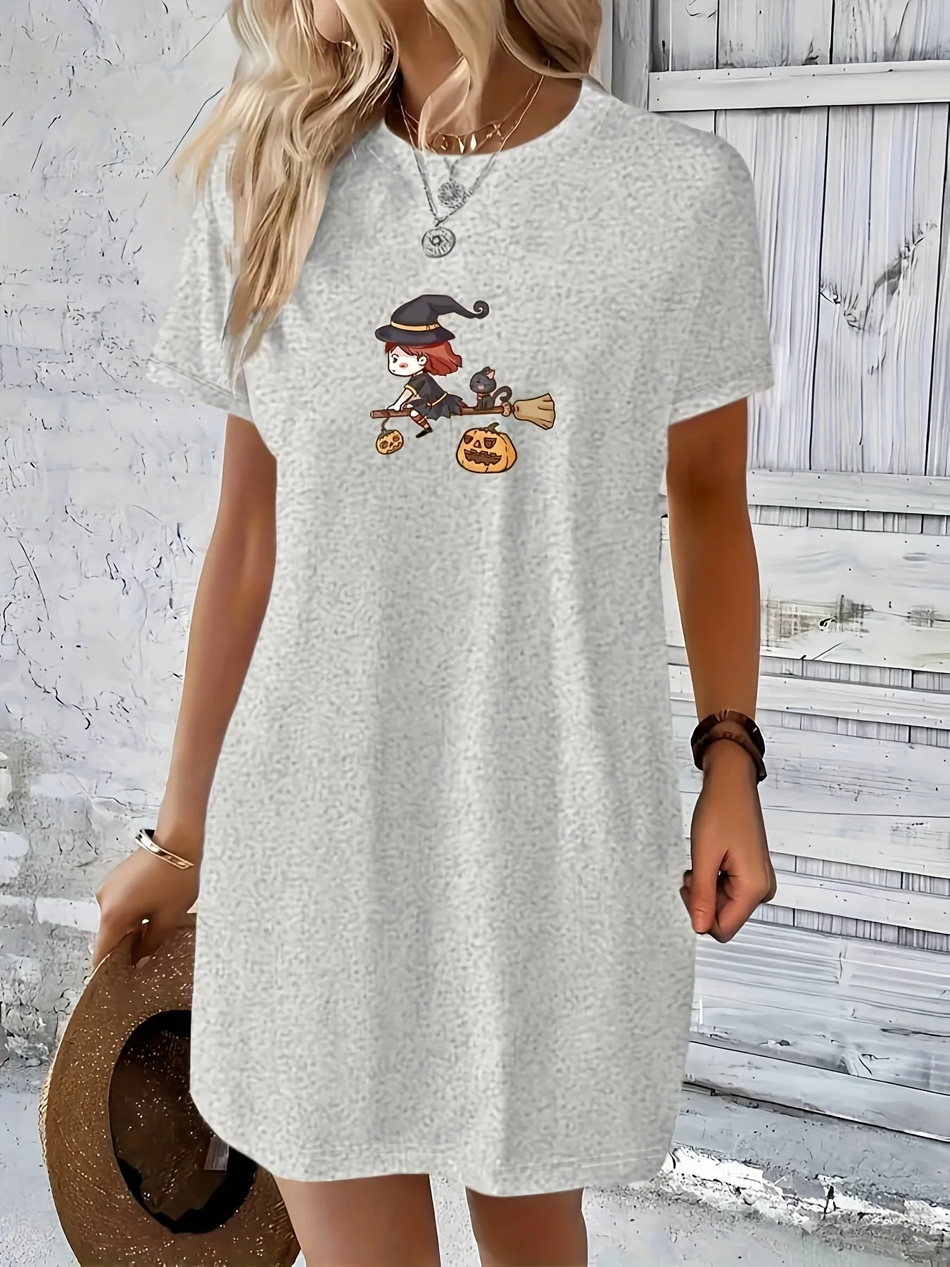 Plus Size Women's Halloween Graphic T-Shirt Dress Short Sleeve O-neck Casual Summer with Witch and Broomstick Print Casual Wear
