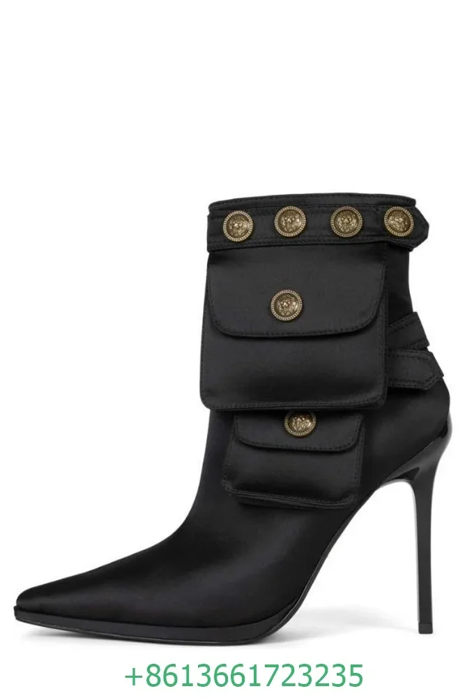 2025 Newest Pocket Boots Retro Metal Button Pointed Toe Ankle Boots Stiletto Heel Leather Short Boots Women Fashion Shoes