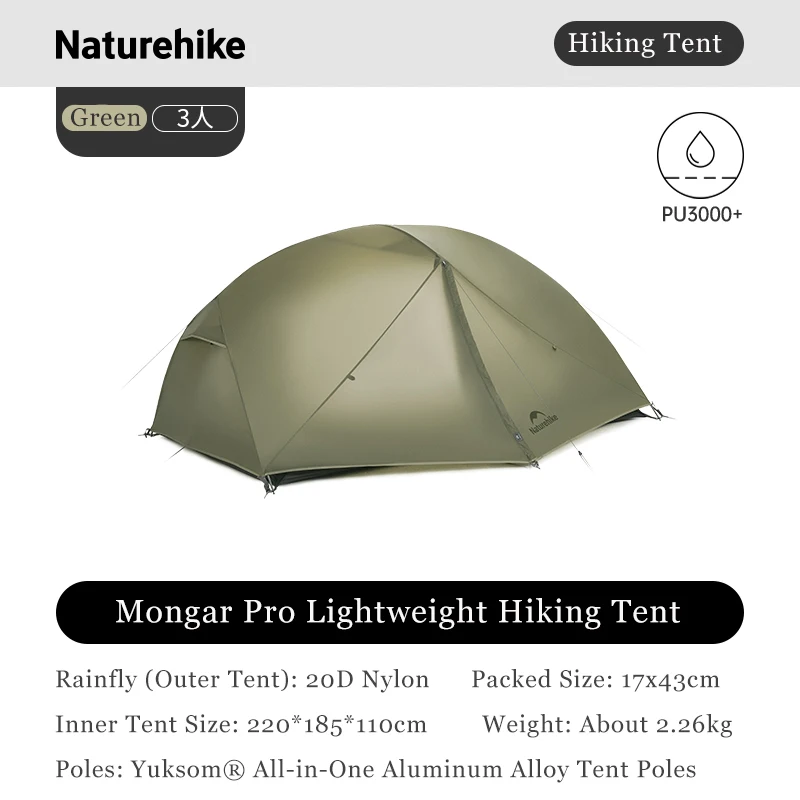 Naturehike Mongar Pro Ultralight 1-2 Persoons Tent 20D Nylon Dubbellaags Waterdicht Lichtgewicht Kamperen Wandelen 3-seizoenen Tent