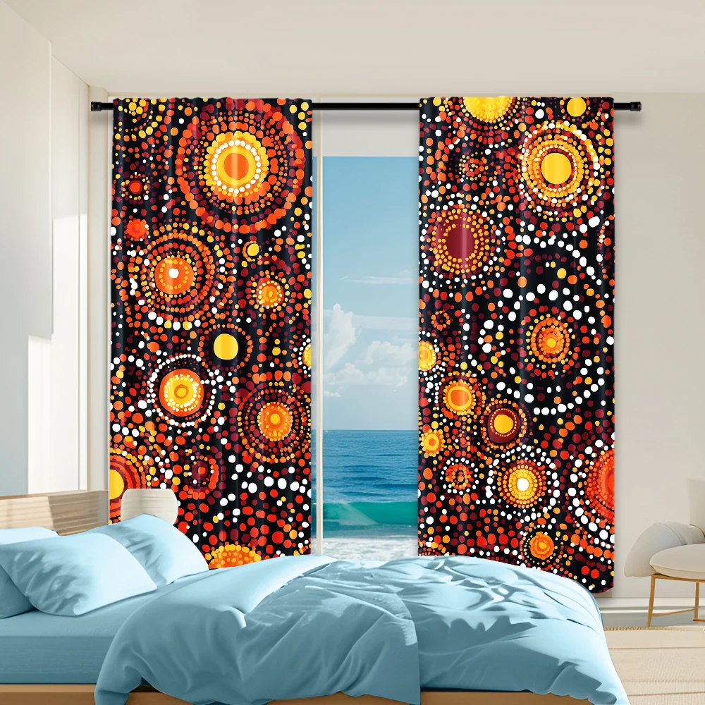 2Pcs Bohemian Aboriginal Circle Pattern Window Curtains Rod Pocket Polyester Material Drapes For Bedroom Living Room Office