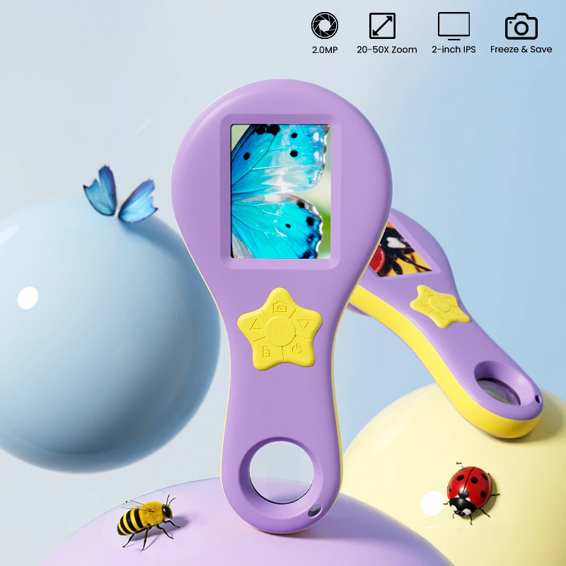 

Kids Digital Magnifier Portable Video Microscope 2.0'' Screen 2.0MP 8LEDs With Magnifying Glass Purple Black Educational Gift