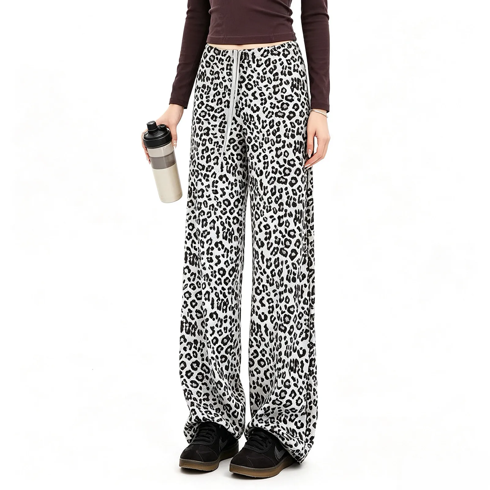 Leopardenmuster-Hose mit geradem Bein für Damen, Leggings, hochtaillierte, locker fallende Sporthose, Damen-Fitnesshose, schlankmachende Yogahose. – Detail 6