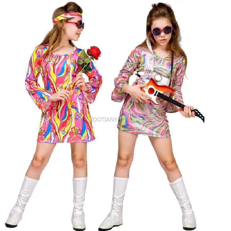 Retro Disco Kids Suit 70s 80s Pop Rock Music Costume Carnival Halloween Party Girl Role Play Hippie Dress Up Stage Show Dress