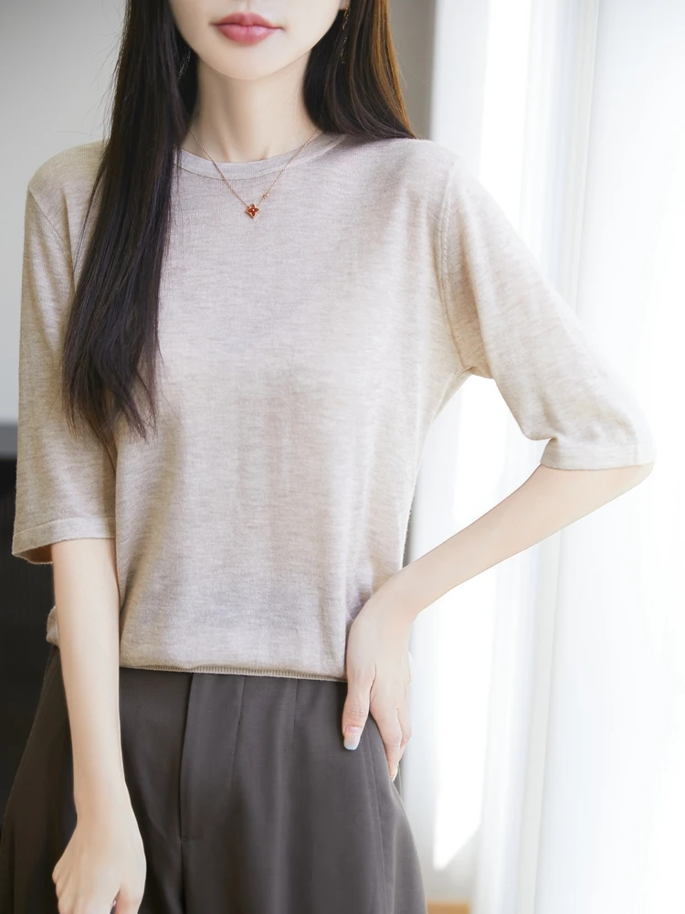 ฤดูร้อนใหม่ผู้หญิง O-คอสีทึบครึ่งแขนน้ําหนักเบา Breathable Pullover Merino เสื้อขนสัตว์สไตล์เรียบง่าย Basic Tops