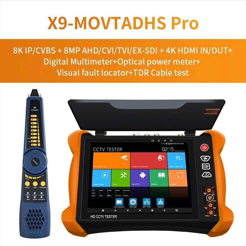 Full Function X9-MOVTADHS Pro PoE++ 90W 2K Retina Screen 8K H.265 IP CCTV Tester IP Camera Tester 8MP TVI AHD CVI Camera Tester