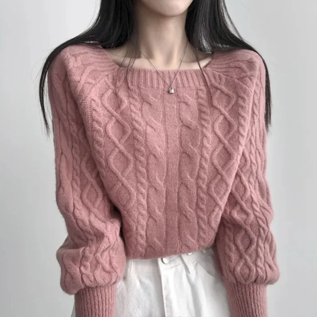 Chic Herbst Winter Pullover Vintage Lose Fit Taille Cinched Abnehmen Gestrickte Top Quadrat Kragen Oberbekleidung Pendeln Sle