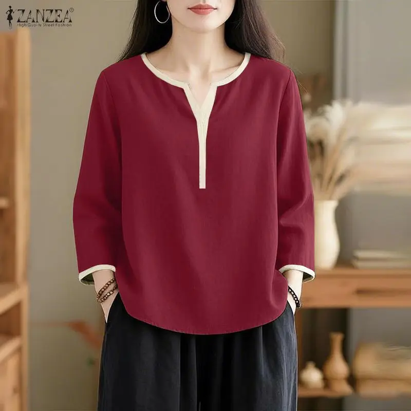 

2026 ZANZEA Fashion Women V Neck 3/4 Sleeve Tops Patchwork Blouse Summer Shirt Stylish Work Blouses Casual Loose Chemise Mujer