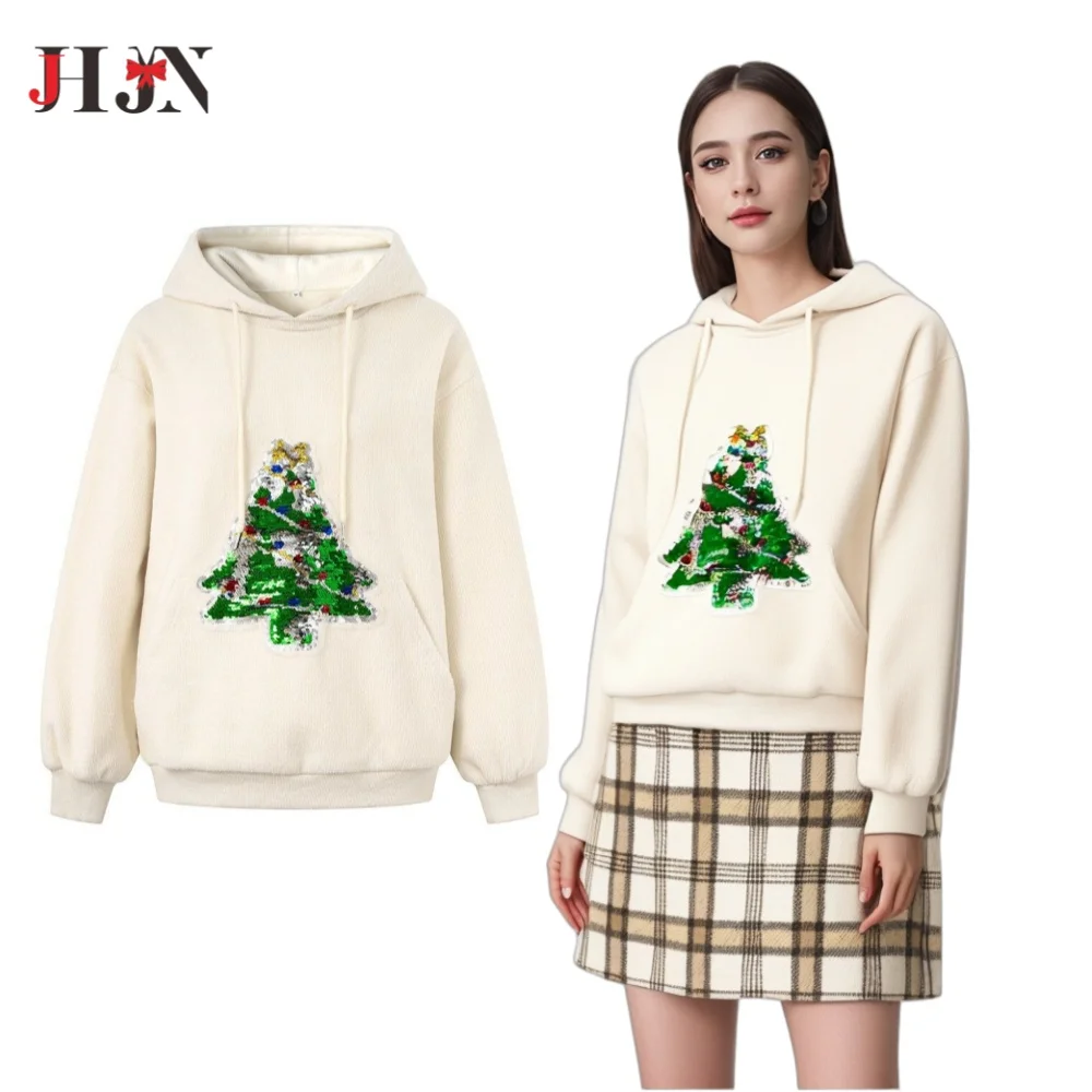 JHJN Fleece Women Hoodies Christmas Tree Sequin Sweatshirt Casual Fashion Hooded Tops Sportswear  Winter Warm Windproof Hoody